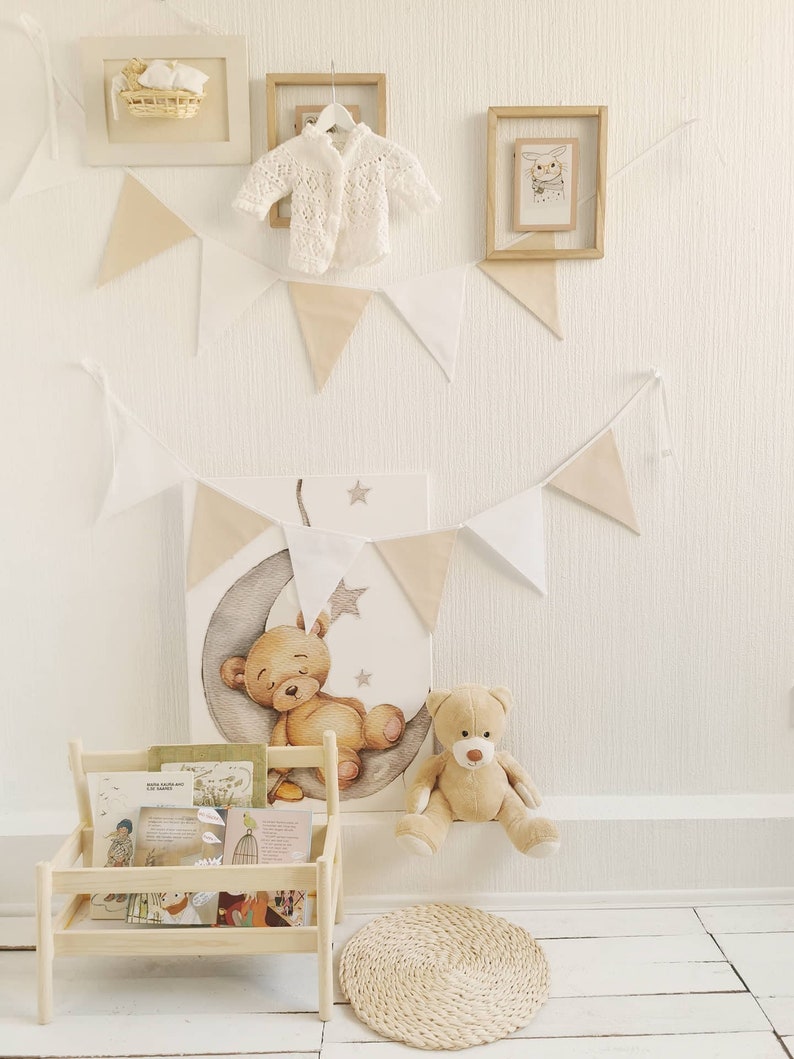 Beige bunting banner, Cotton chain for nursery, Wimpelkette fur kinder, White garland, Beige bunting for nursery, 1st birthday party chain image 1