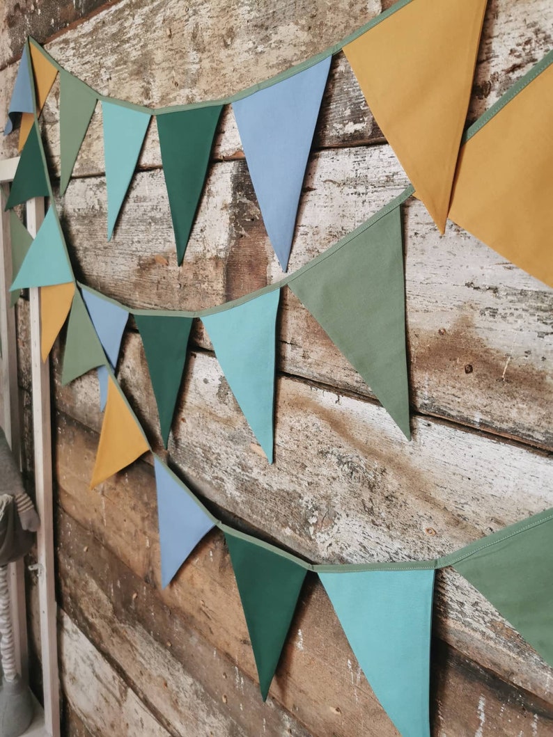 Bunting banner, Katoenen wimpelkette voor kinderdagverblijf, Katoenen slinger, Wimpelketting, Groene gors, Blauwe bunting, 1e verjaardagsfeestje wimpelkette afbeelding 2