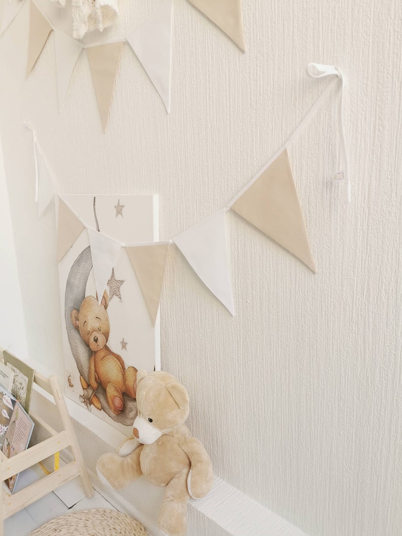 Beige bunting banner, Cotton chain for nursery, Wimpelkette fur kinder, White garland, Beige bunting for nursery, 1st birthday party chain image 7