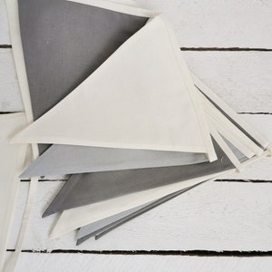 Cotton fabric triangles bunting banner. Available custom lengths from 1 meters till 100 meters. Bulk option available. In the picture colors are off white light gray and gray, but we offer personalization for colors in the last picture. Wimpelkette