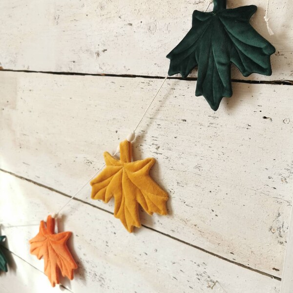 MAPLE leaf banner, nursery decor, Maple fabric banner, Maple fabric garland, velour maple leaf, yellow leaf garland, green banner with beads