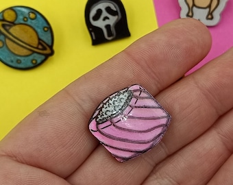 Salmon maki pin - Hand-painted wooden pin - Salmon maki - Delicious fashion accessory for sushi lovers!