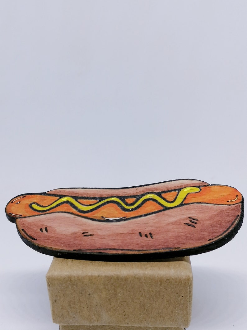 hot dog brooch in recycled wood hand-crafted badge on the theme of food and fast food in upcycled wood