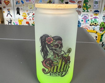 Personalized Frosted Glass Tumbler: Tequila Design, Bamboo Lid (16oz/20oz)