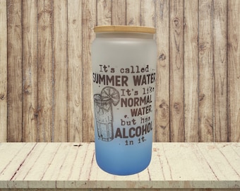 Summer Water Frosted Glass Tumbler: 16oz Can Cup with Bamboo Lid