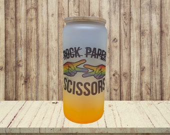 Rock Paper Scissors pride tumbler. Frosted glass With bamboo lid and plastic straw. Choose between 5 colors and 2 sizes.