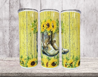 Sunflower Boots Tumbler – Western Cowgirl Country Floral Stainless Steel Cup (20oz/30oz)
