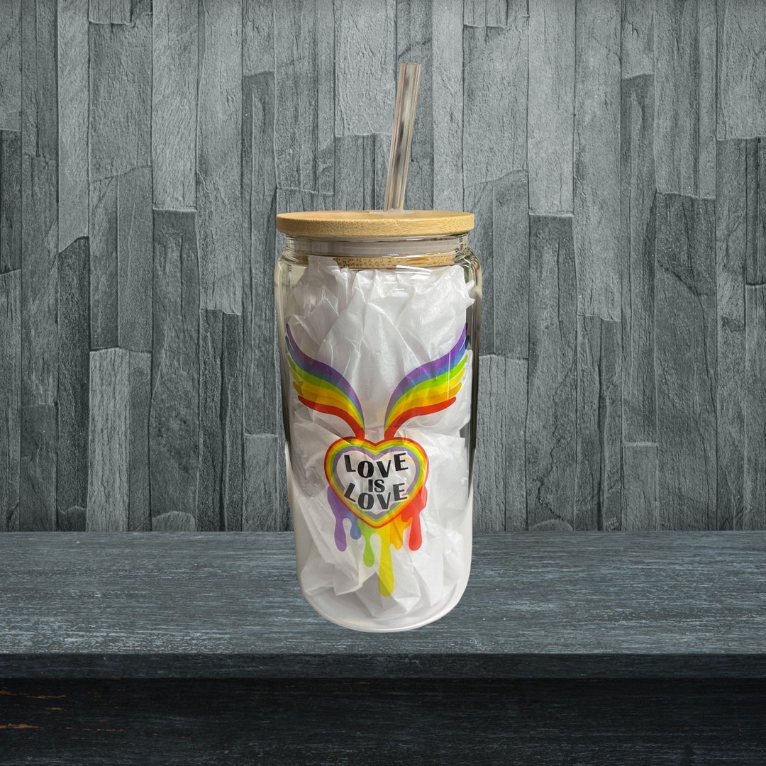 16oz Glass Love is Love Pride Tumbler. With Bamboo Lid and Plastic ...