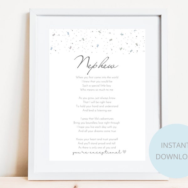 Nephew digital download print PNG, gift for nephew, boy's poem print, baby print, children's poem, christening gift, nephew baptism gift