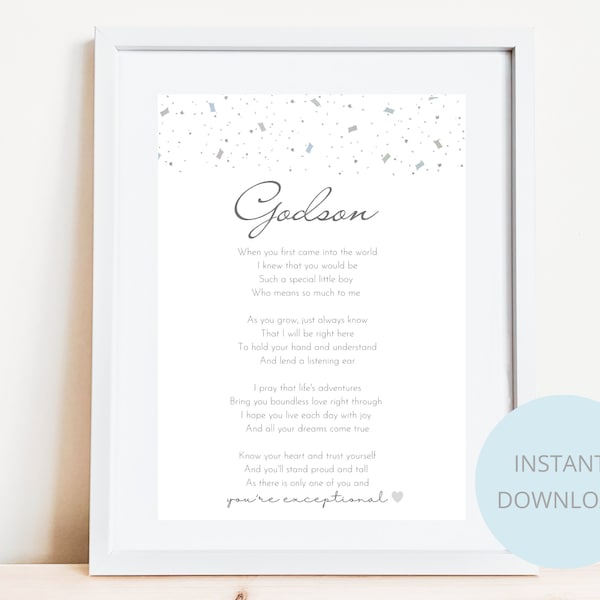 Godson christening print, digital download PNG, boy's poem print, baby print, children's poem, christening print gift, godparents gift