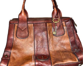 Restored Vintage Fossil Reissue Two-Tone Brown Leather Satchel Bag | Heritage Boho Workwear Multi-Tone Stripe Leather Shoulder Tote
