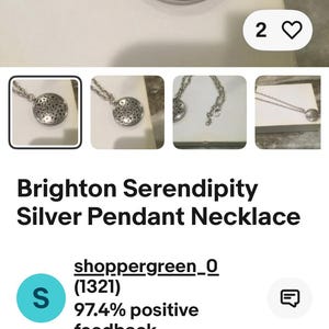 May include: Silver Brighton Serendipity pendant necklace. The round pendant features an intricate openwork design. The necklace has a silver chain. The image also shows the text "Brighton Serendipity Silver Pendant Necklace".