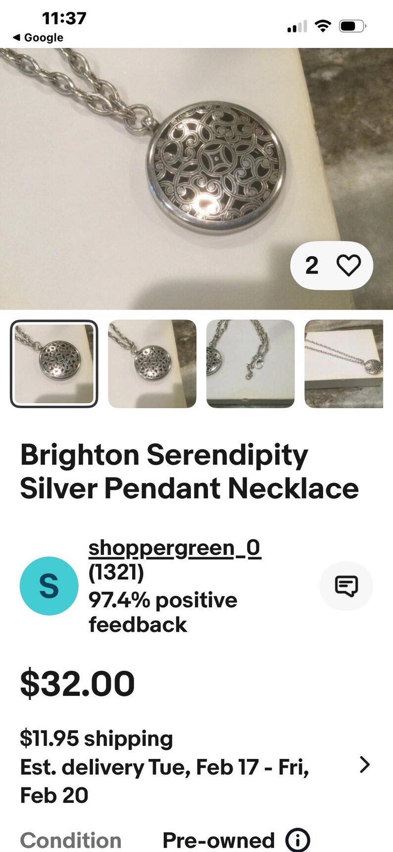 May include: Silver Brighton Serendipity pendant necklace. The round pendant features an intricate openwork design. The necklace has a silver chain. The image also shows the text "Brighton Serendipity Silver Pendant Necklace".