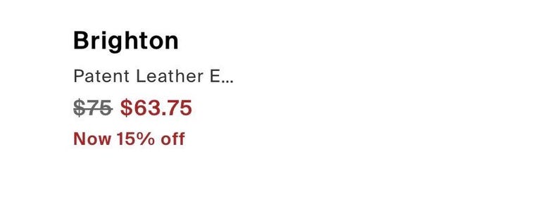 May include: The word "Brighton" is displayed in bold black text at the top of the image. Below it, the text "Patent Leather E..." is visible. The original price of $75 is crossed out, with a sale price of $63.75 in red. The text "Now 15% off" is also in red.