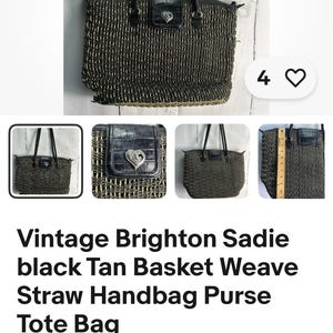 Puede incluir: Bolso tote Vintage Brighton Sadie. El bolso de mano de paja trenzada en negro y marr&oacute;n presenta asas y detalles de cuero negro. Un peque&ntilde;o bolsillo de cuero negro con un emblema plateado en forma de coraz&oacute;n est&aacute; en la parte delantera.