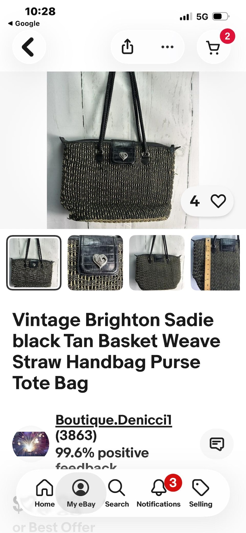 Puede incluir: Bolso tote Vintage Brighton Sadie. El bolso de mano de paja trenzada en negro y marr&oacute;n presenta asas y detalles de cuero negro. Un peque&ntilde;o bolsillo de cuero negro con un emblema plateado en forma de coraz&oacute;n est&aacute; en la parte delantera.
