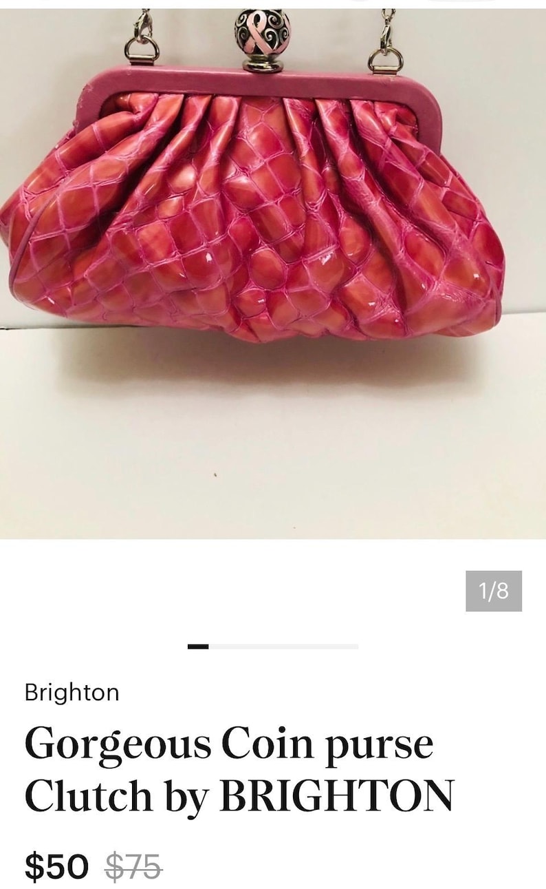 May include: A pink coin purse clutch with a textured, crocodile-like pattern. The purse has a pink frame and a silver chain handle. The clasp features a decorative ball with a pink ribbon design. The purse is from the brand Brighton.