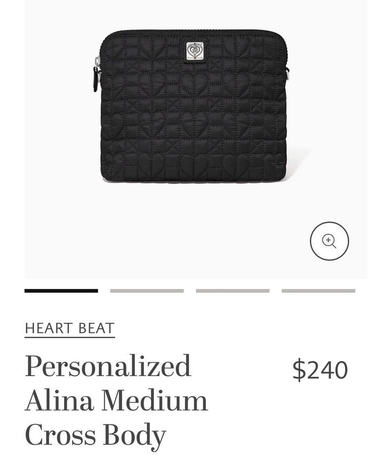May include: Black quilted crossbody bag with heart-shaped stitching. The bag has a silver zip and a small silver emblem. The text "HEART BEAT" is above the text "Personalized Alina Medium Cross Body".