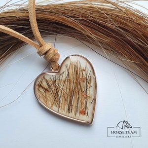 May include: A heart-shaped pendant necklace with a brown leather cord. The pendant is filled with brown horse hair and has a silver-toned metal frame. The pendant is hanging against a background of brown horse hair.