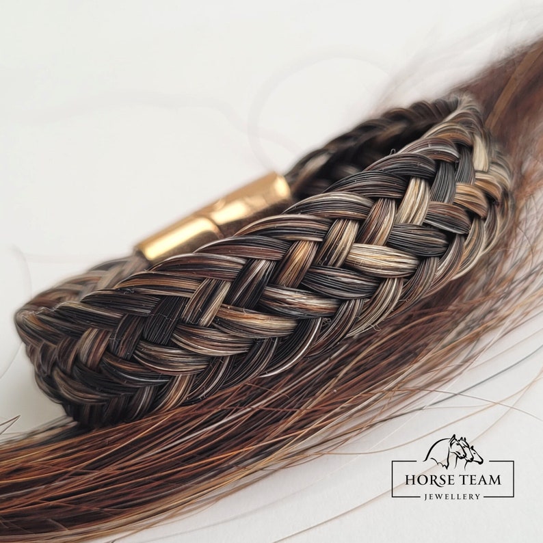 May include: A braided bracelet made from horsehair in shades of brown, black, and white. The bracelet has a gold clasp and is shown on a strand of horsehair.