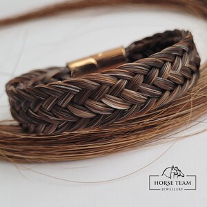 May include: A braided horsehair bracelet with a gold clasp. The bracelet is brown and white and has a simple, elegant design.  "Horse Team Jewellery" is printed on the white background.