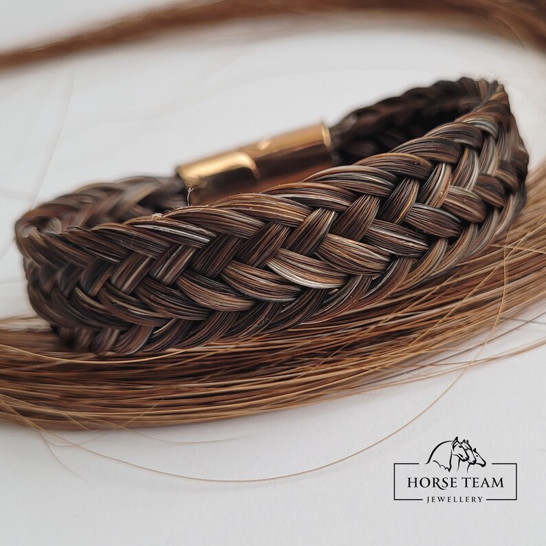 May include: A braided horsehair bracelet with a gold clasp. The bracelet is brown and white and has a simple, elegant design.  "Horse Team Jewellery" is printed on the white background.