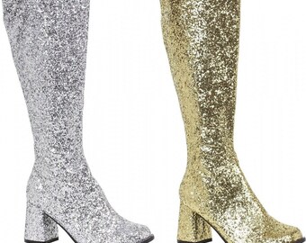 New Ladies Womens Fancy Dress Party Glitter Go Go Boots 60s 70s Retro 3-8