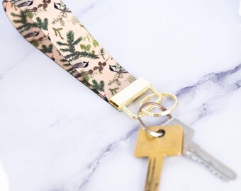 Festive Finch Design Handmade wristlet Keyring, Christmas wrist strap for keys