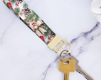 Christmas Bow & Pinecones Design Handmade wristlet Keyring, Festive wrist strap for keys