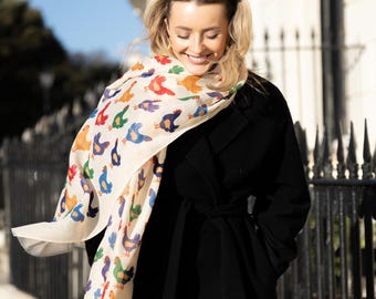 Colourful Chicken scarf | Hand printed Chicken scarf with free personalisation, lightweight long scarf, nature farmyard animals lovers gift