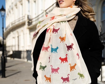 Colourful Cats print scarf in gift box - personalised hand printed scarf - Christmas gift scarf - Ladies scarf