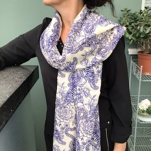 Green Tiger print scarf, Women&#39;s scarf with Tigers on, Ladies Tiger print scarf, blue Tigers