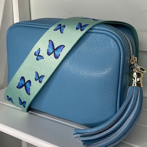 Blauer Schmetterling Taschengurt, Crossbody Taschengurt, handgefertigt in Großbritannien