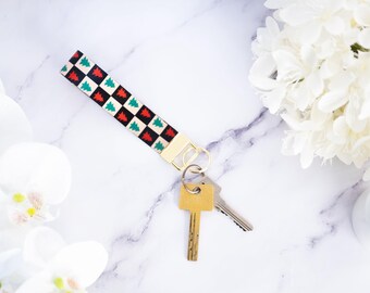 Checkered Christmas Tree Design Handmade wristlet Keyring, Festive wrist strap for keys