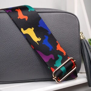May include: A gray leather crossbody bag with a black and rainbow patterned strap and a gray leather tassel.