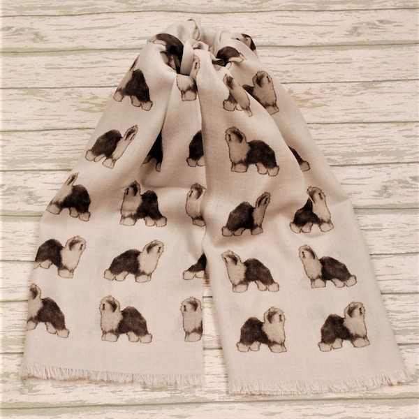 Old English Sheepdog scarf - Sheepdog owner gifts - Sheepdog print scarf - hand printed personalised scarf - ladies fashion scarf