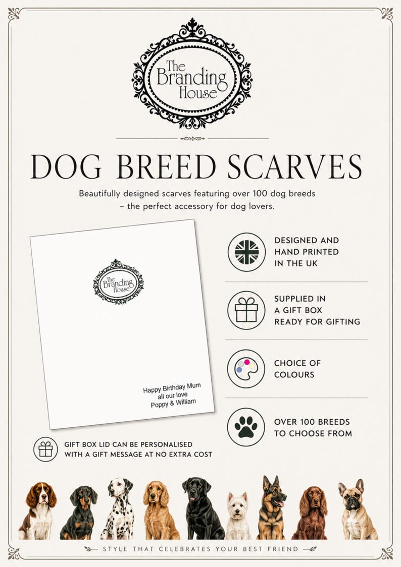 Pu&ograve; includere: Una grafica promozionale per sciarpe con razze di cani di The Branding House. Include una scatola regalo bianca con un messaggio personalizzato, icone per la stampa nel Regno Unito, confezione regalo, opzioni di colore e nove illustrazioni di cani.