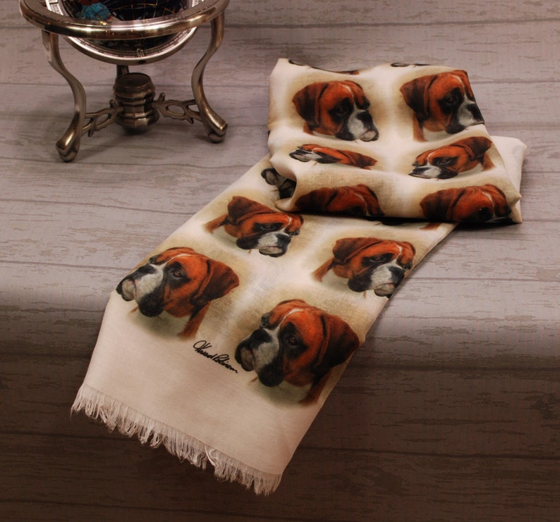 Boxer Dog scarf with dogs on, Boxer dog gifts for women, Boxer Dog print scarf, Boxer dog owner gifts, dog scarf in a gift box, scarf of dog image 1