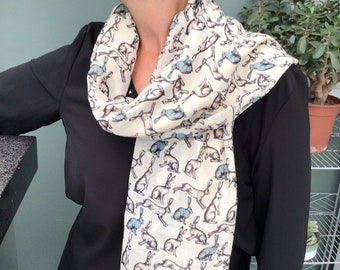 Hare print scarf in gift box - Hand printed personalised scarf - Womens scarf - Ladies scarf