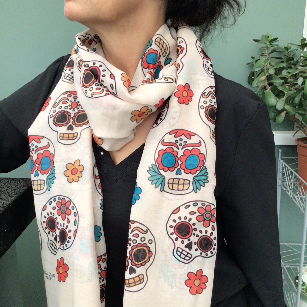 Sugar Skulls Halloween Scarf, Skull Print Scarf in Gift Box