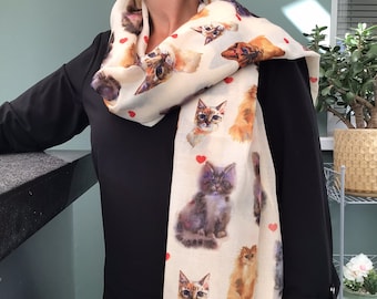 Cat print scarf, cat lover gift, cat owner gift, personalised cat gift