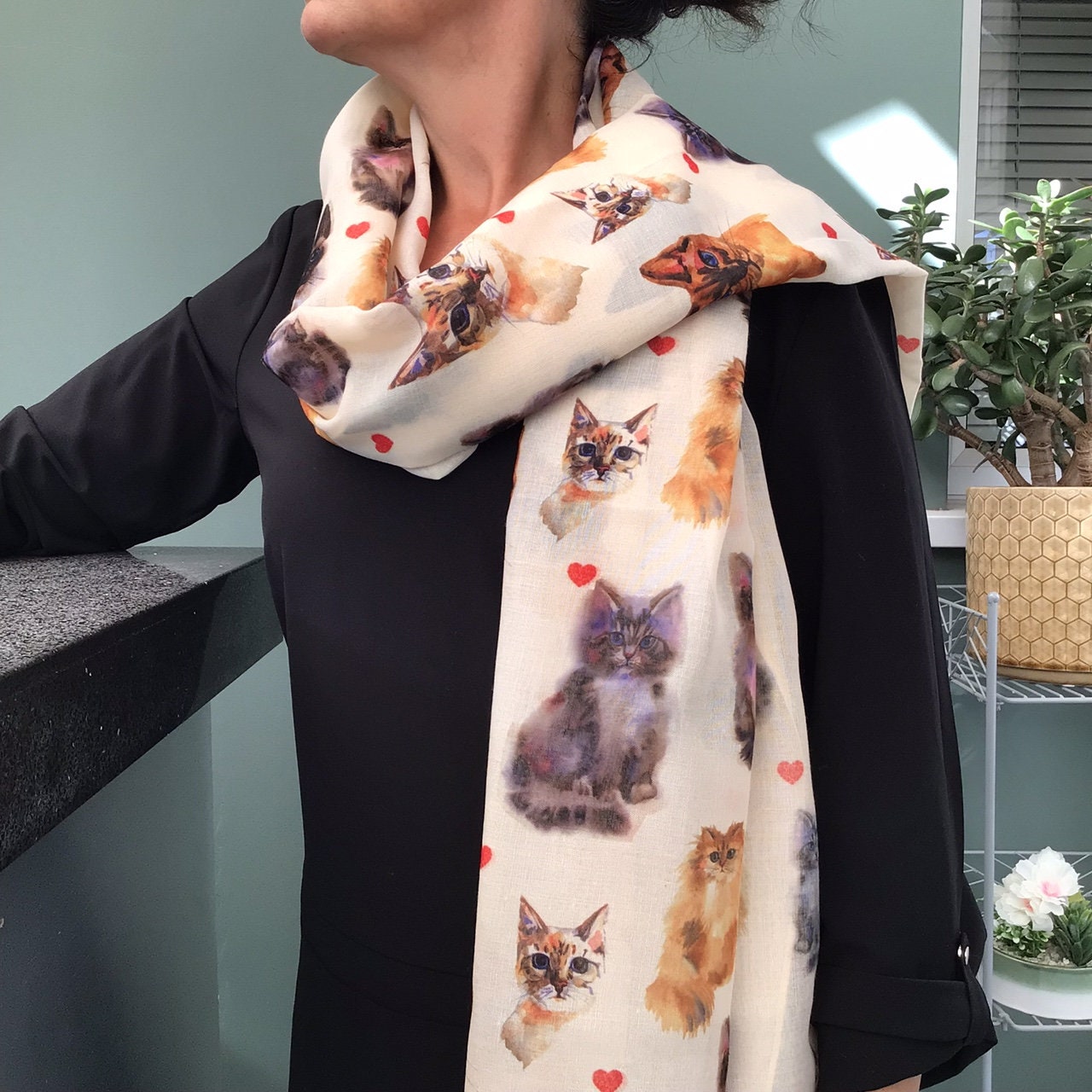 Bufanda De Poliéster Con Estampado De Gatos Foil | 180x150 Cm | Lavable A Máquina | Para Mujer