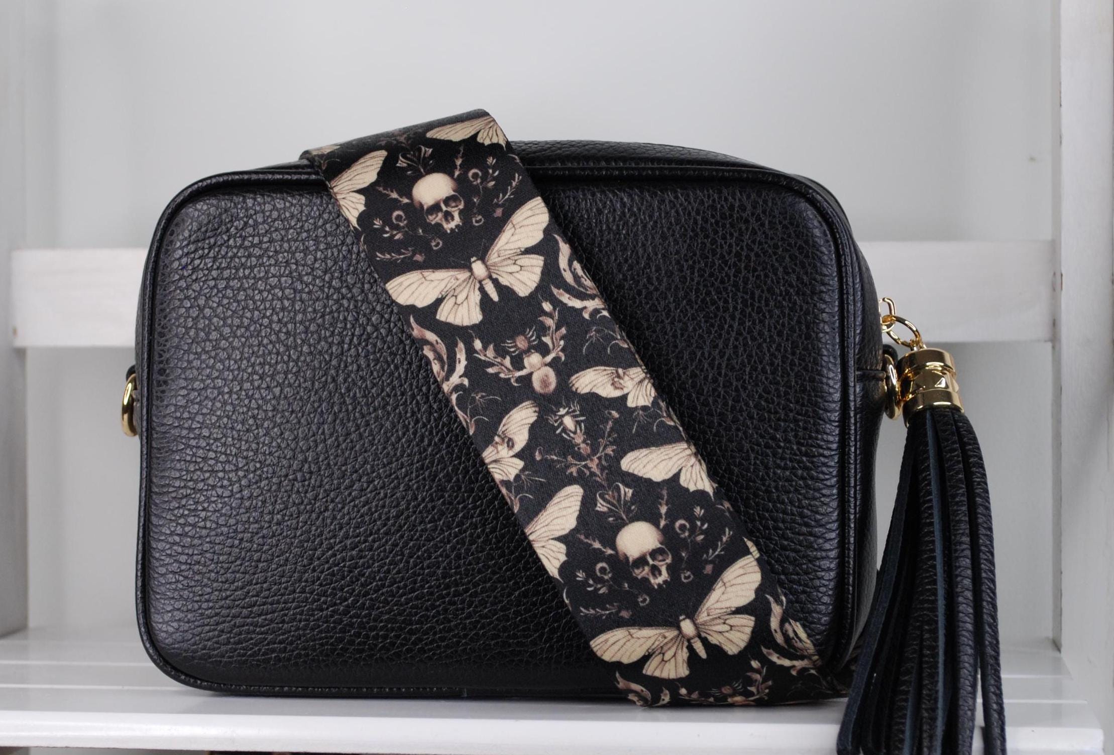 Gothic Moth and Skulls extra long bag strap | Replacement crossbody Bag Strap handmade in the UK