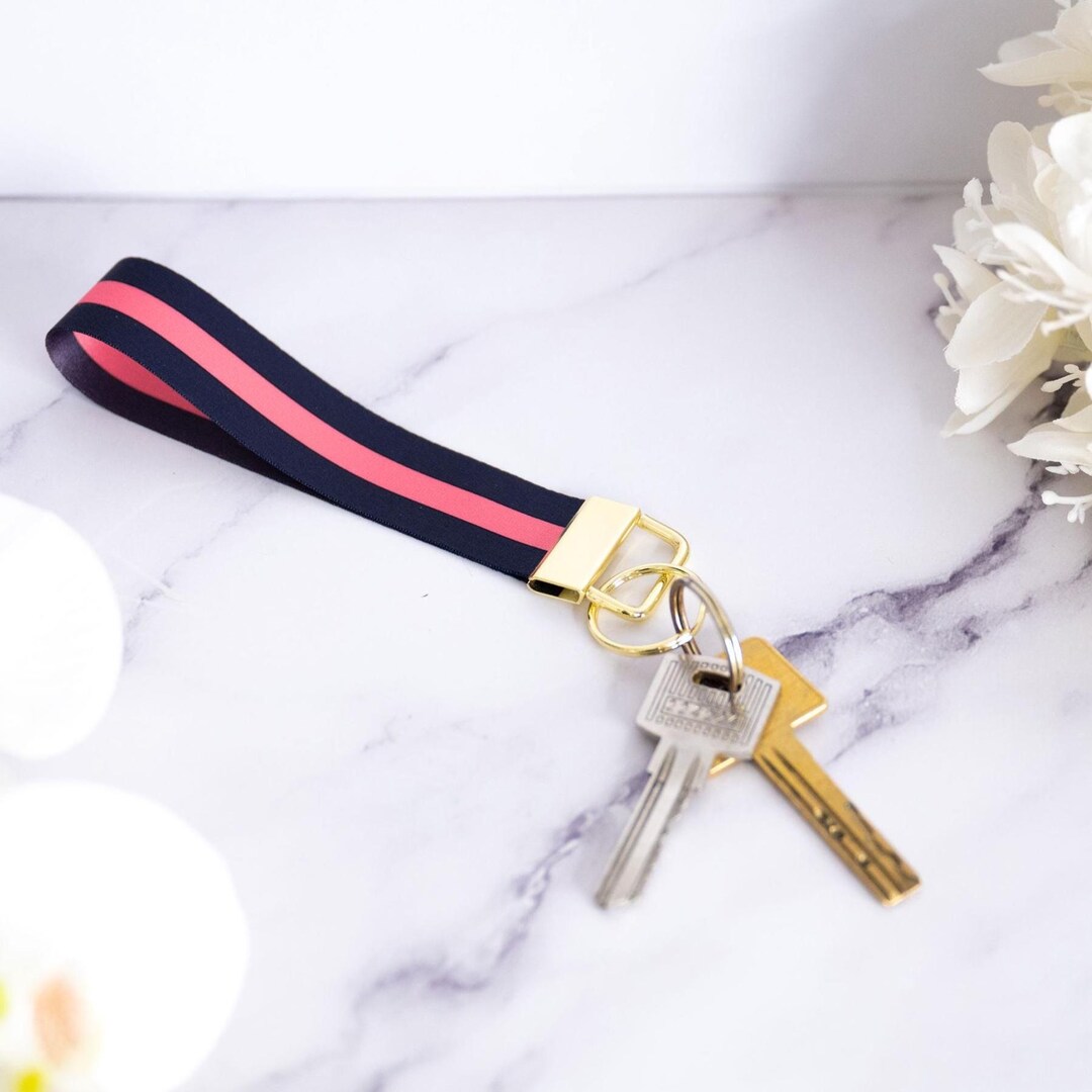 Navy Blue and Pink Stripe Design Handmade Wristlet Keyring, Wrist Strap ...