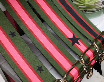 Green, Pink & Red bag strap, stripe design crossbody Bag Strap, handmade in the UK