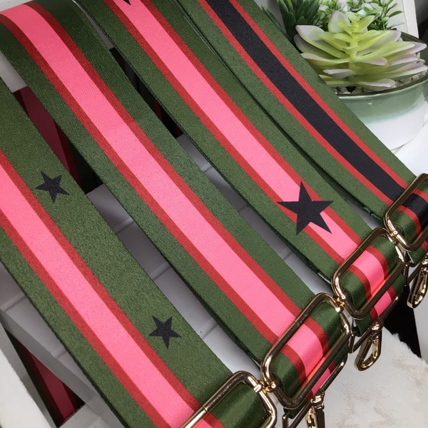 Green, Pink & Red bag strap, stripe design crossbody Bag Strap, handmade in the UK