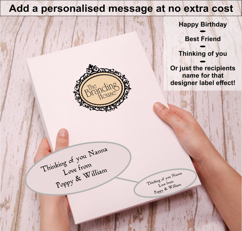 May include: White gift box with a black and white logo that says "The Branding House". The box has a personalized message that says "Thinking of you Nanna Love from Poppy & William".