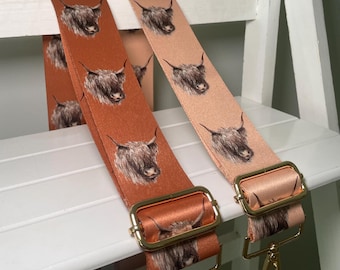 Alça de bolsa de reposição para vacas das Terras Altas - alça de bolsa extra longa ajustável feita à mão, com design de animais selvagens e de fazenda