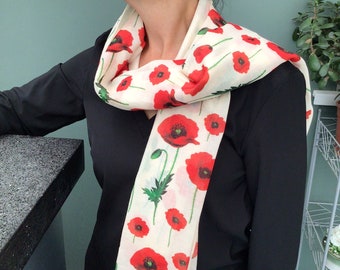 Poppy Print Scarf, Poppies on a scarf, Flower print scarf gift