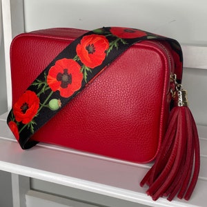 Poppy print bag strap, crossbody Bag Strap, Handmade in the UK